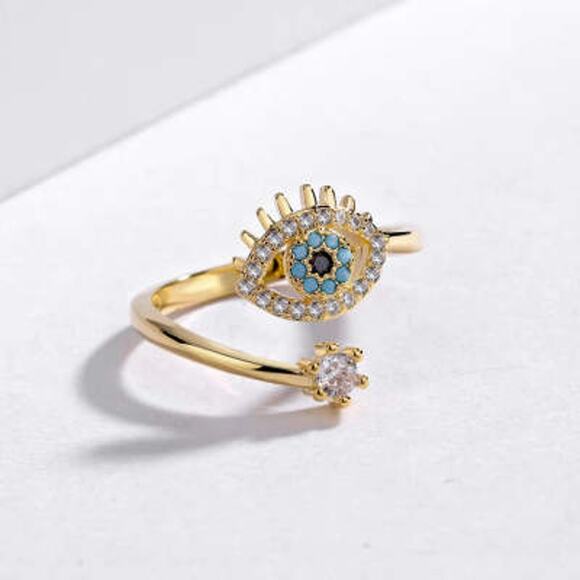 Evil Eye Adjustable Ring Blue White Black CZ Crystals Gold Elegant Stylish - Picture 1 of 2